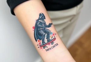 Darth Vader skateboarding with gun> bullets > memorial > god > colors > futuristic/space/star wars
add name "Darth Carter" on skateboard
add date 12/29/88-01/06/24 tattoo idea