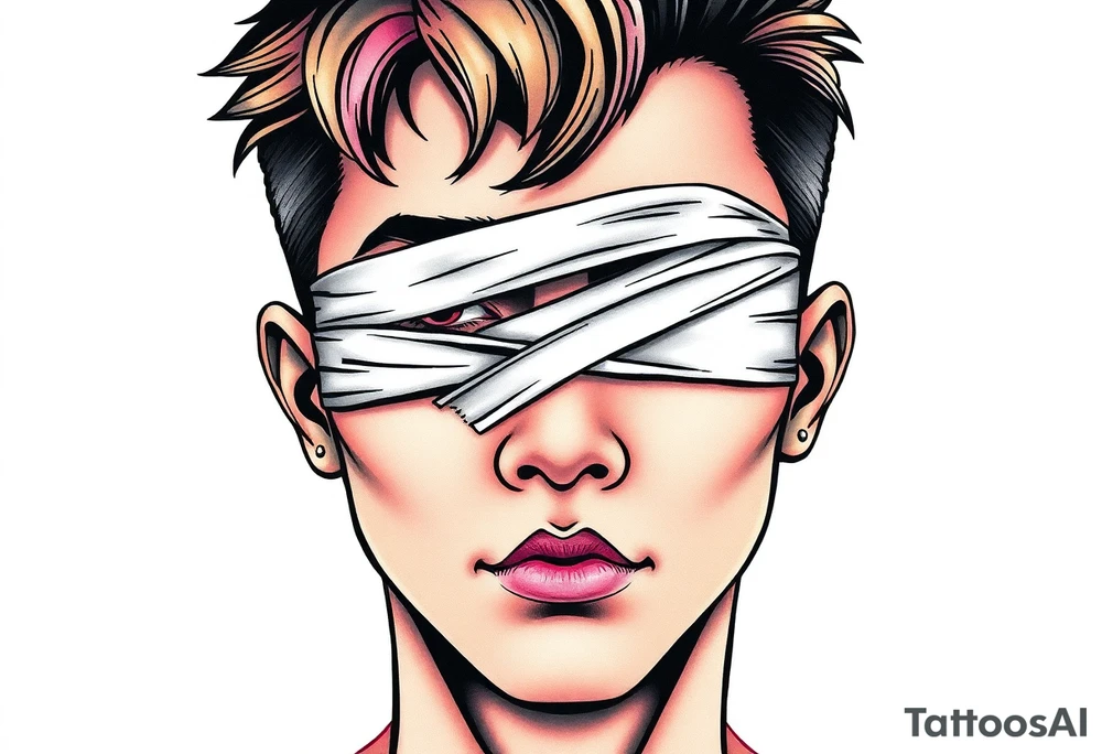 Handsome Asian young guy with 
 eyes covered with a bandage tattoo idea