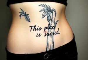 Hand written writing that says This place is sacred written on the trunk of a breadfruit tree tattoo idea