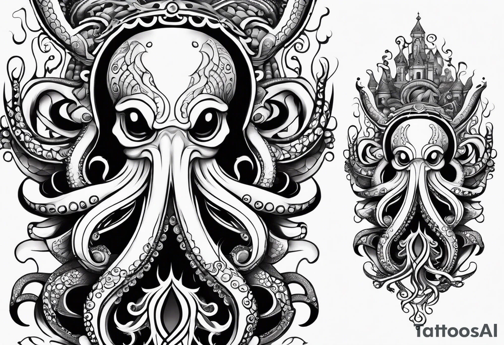 Tribal half sleeve octopus with ribbons around it filled with fish and water waves tattoo idea
