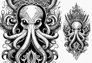 Tribal half sleeve octopus with ribbons around it filled with fish and water waves tattoo idea