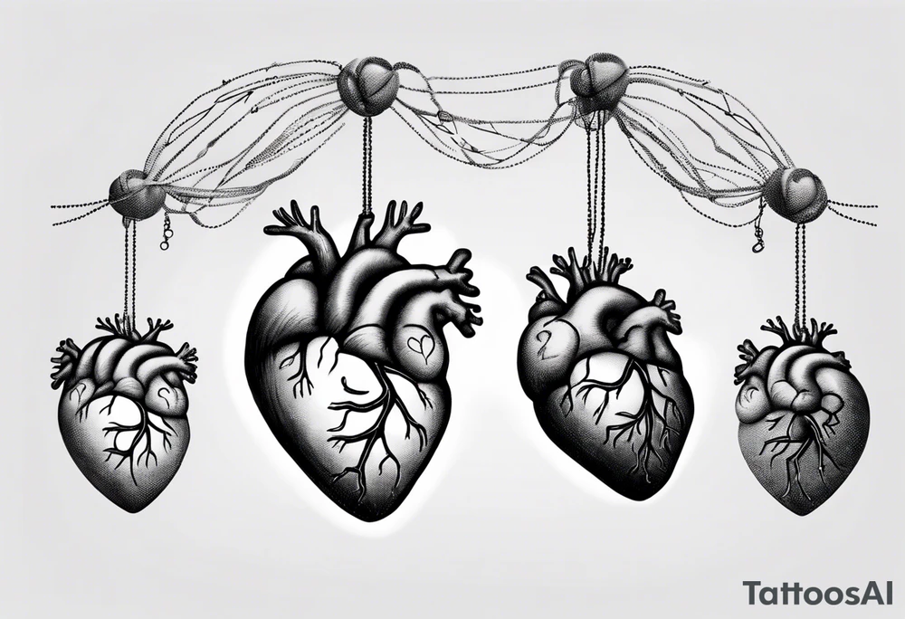 Anatomical heart on a string, anatomical brain on a string, woman's hand holding two ends of the string tattoo idea