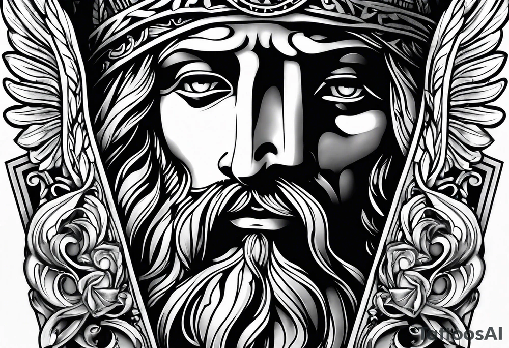 Black and white Jesus cross and angels tattoo sleeve tattoo idea