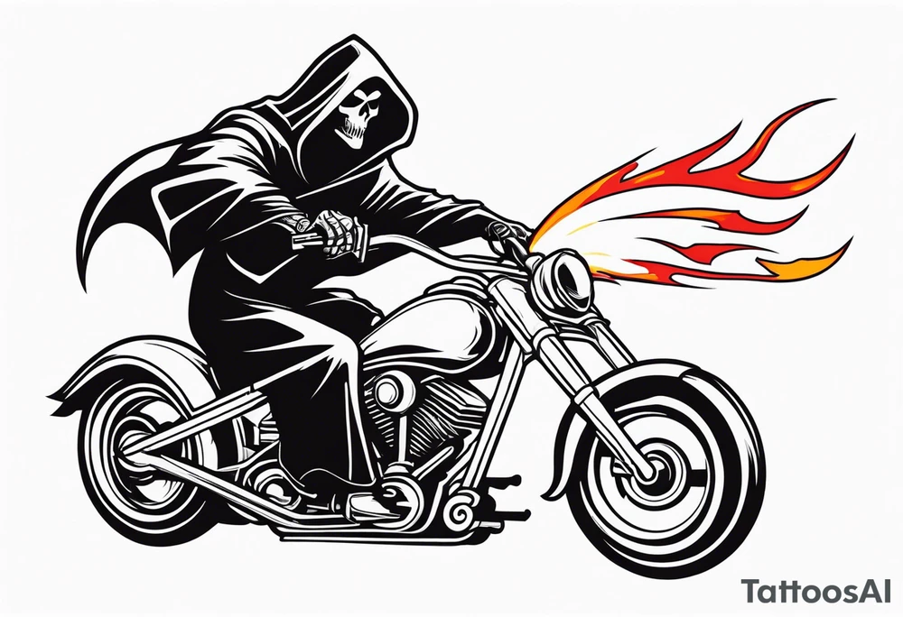 Grim Reaper on motorcycle, on fire, red eyes tattoo idea