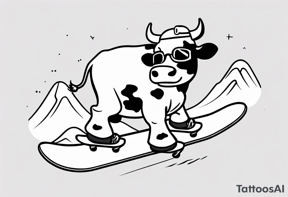 Generate a minimalist and simple black and white tattoo design featuring a joyful cow snowboarding, wearing goggles. Focus on essential lines and details to convey the playful spirit of the scene. The cow should exude confidence while effortlessly snowboarding down a snowy slope. Keep the design clean and uncluttered, suitable for a small to medium-sized tattoo space. Emphasize the charm and whimsy with the addition of goggles, ensuring the overall aesthetic remains simple and minimalistic. The goal is to create a visually appealing and easily recognizable tattoo that captures the essence of a cow enjoying a snowboarding adventure tattoo idea