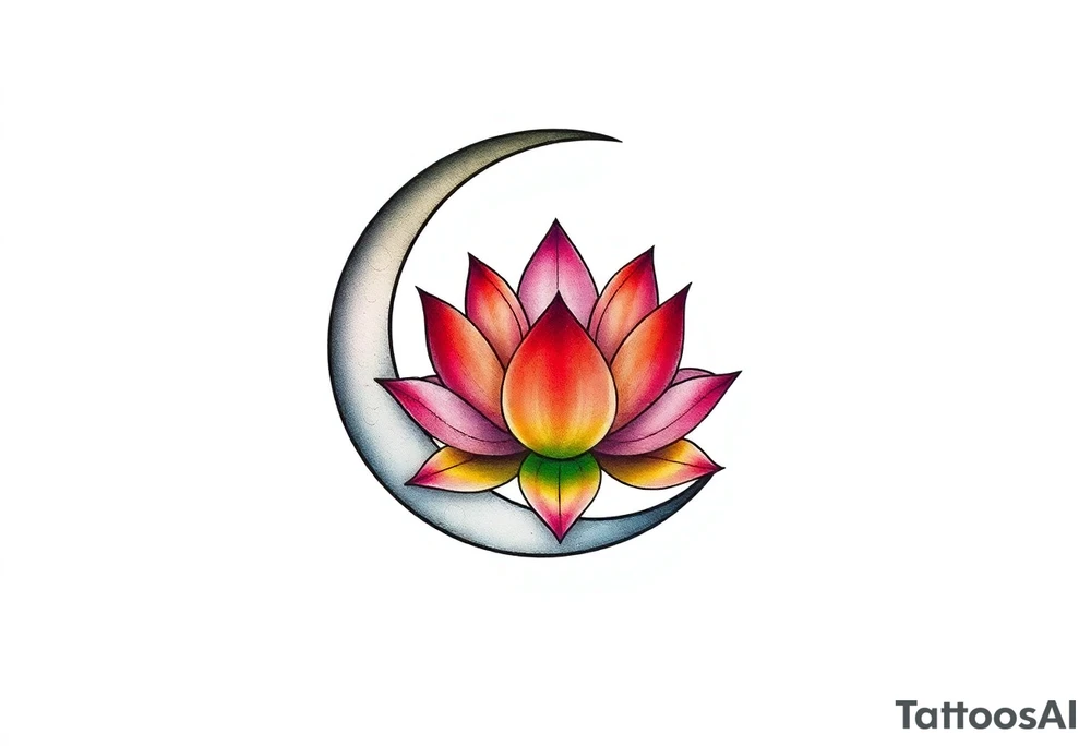 small colorful crescent moon with lotus flower tattoo idea