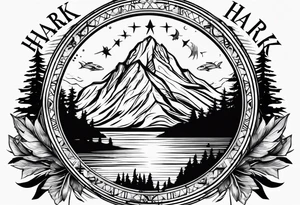 The word "HARK" as a banner with a mountain, a carabiner, compass, and a lake in a circular design tattoo idea