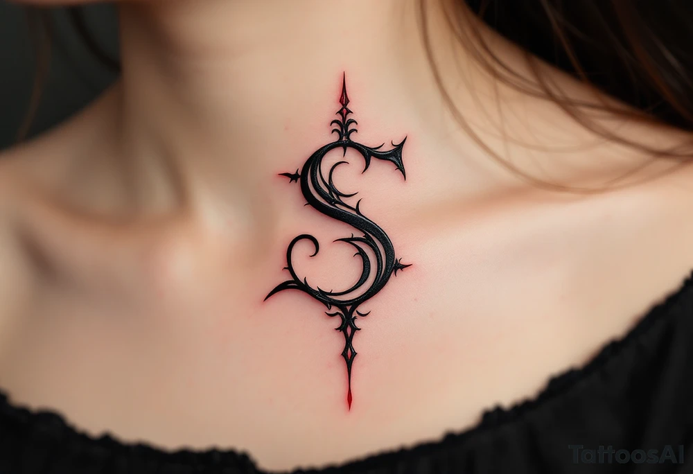 A bold black gothic-style "S" with dark red shadowing and sharp ornamental curves. tattoo idea
