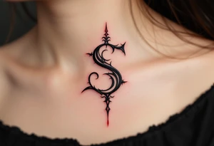 A bold black gothic-style "S" with dark red shadowing and sharp ornamental curves. tattoo idea