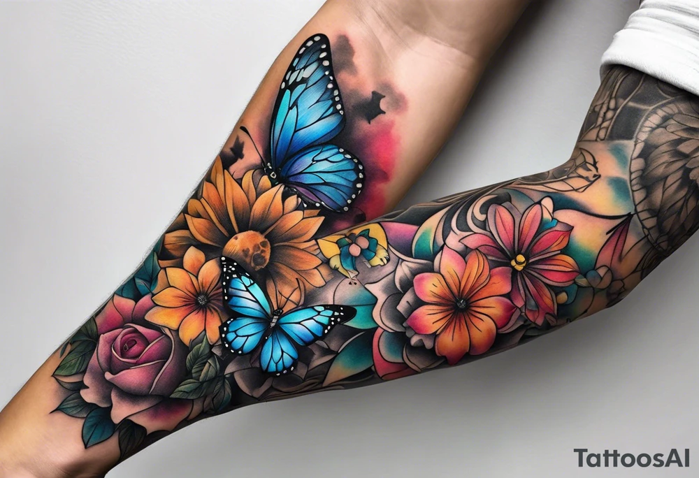 arm sleeve with dreamcatcher, rainbow flowers and one butterfly tattoo idea