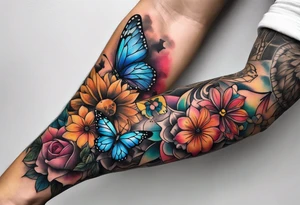arm sleeve with dreamcatcher, rainbow flowers and one butterfly tattoo idea