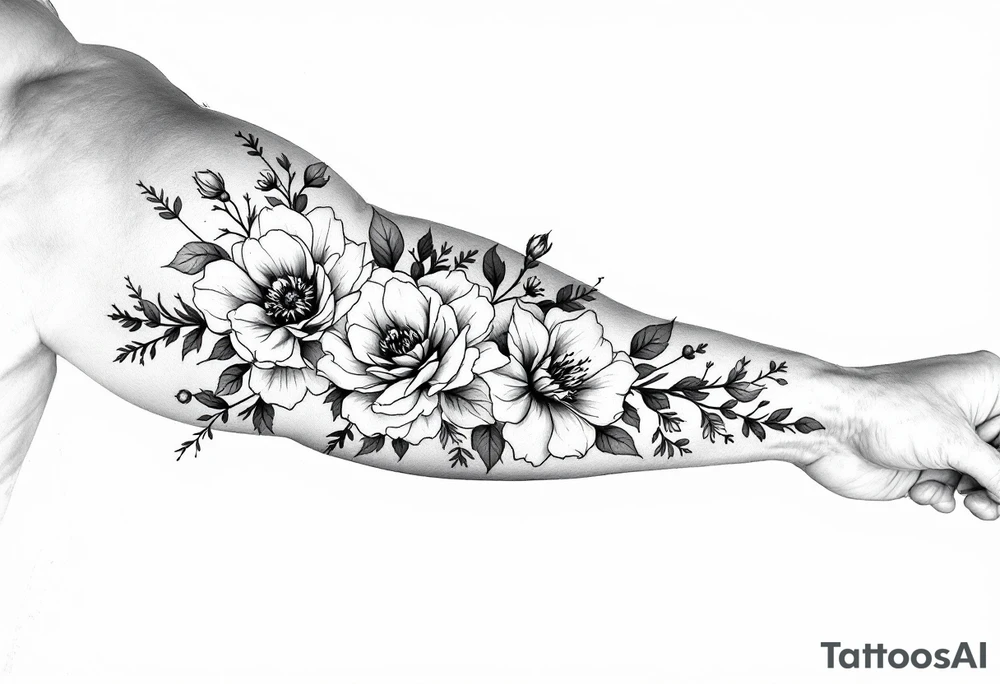 vintage bouquet of wild roses and meadow flowers with morning dew tattoo idea