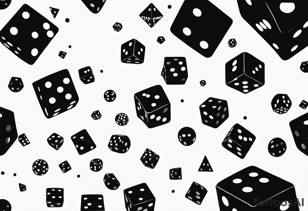 A black-and-white silhouette of multiple dice floating in mid-air, varying in size. The dice are depicted with bold, sharp lines, each featuring simple black dots to represent the pips, with no shading or gradients. The liquid-like substance surrounding the dice is illustrated with abstract, flowing shapes, suggesting motion and fluidity, but kept in stark black and white. The dark background contrasts with the bold black silhouettes, emphasizing the dynamic movement and unpredictability of the scene. The overall composition focuses on the sharp contrast between the dice and the swirling liquid forms, creating a sense of energy and motion through minimalist design. tattoo idea