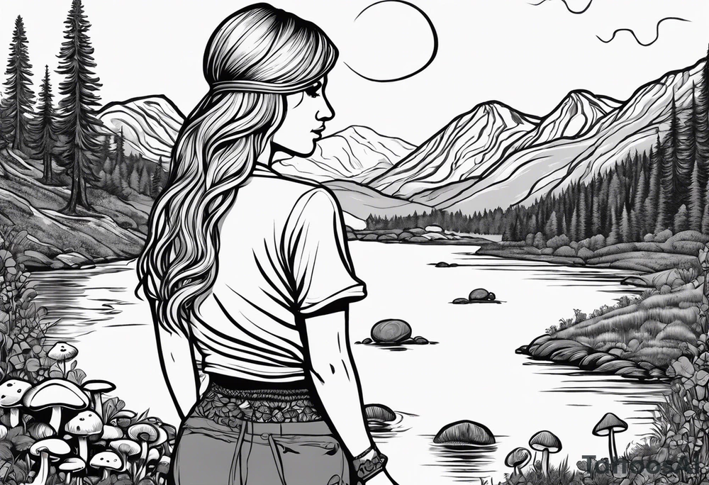 Straight long blonde hair hippie girl in distance holding mushrooms in hand facing away toward mountains and creek surrounded by mushrooms tee shirt and hiking pants; whole rendering within a full circle, no cut off circle tattoo idea