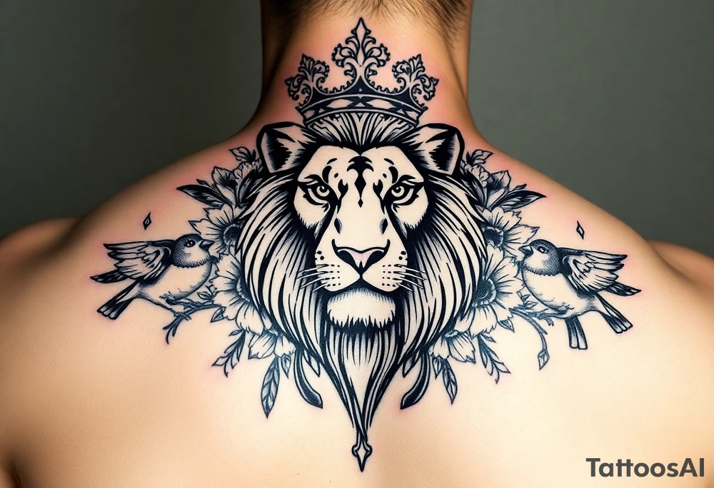 powerful majestic lion with a crown, surrounded by floral ornaments and birds tattoo idea