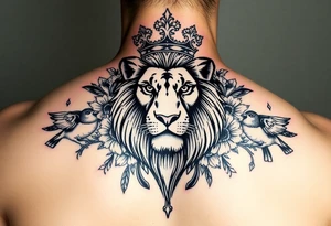 powerful majestic lion with a crown, surrounded by floral ornaments and birds tattoo idea