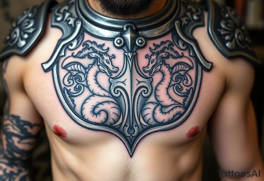A close-up of an ornate knight’s breastplate, with detailed engravings of dragons tattoo idea
