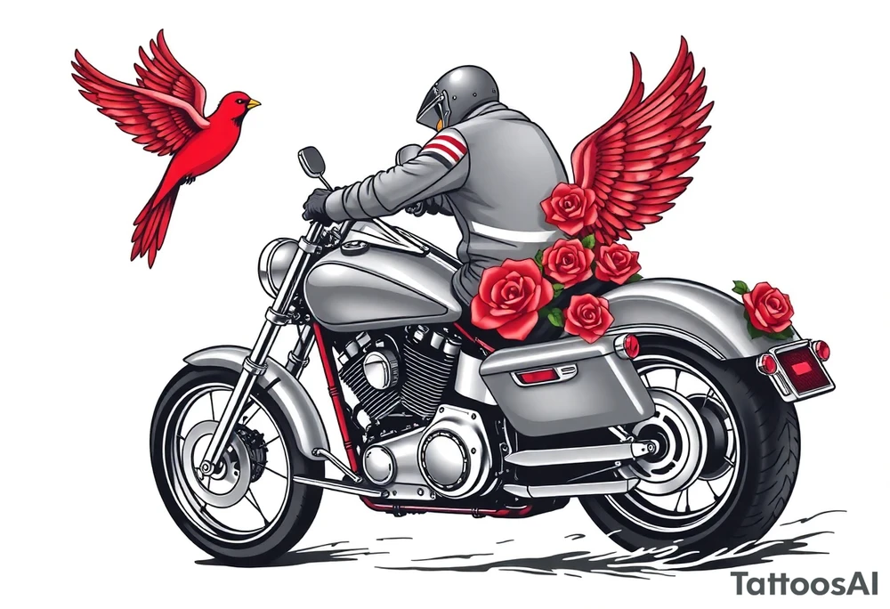 Harley grey motorcycle driving away, two red birds flying, roses, flames, angel wings tattoo idea