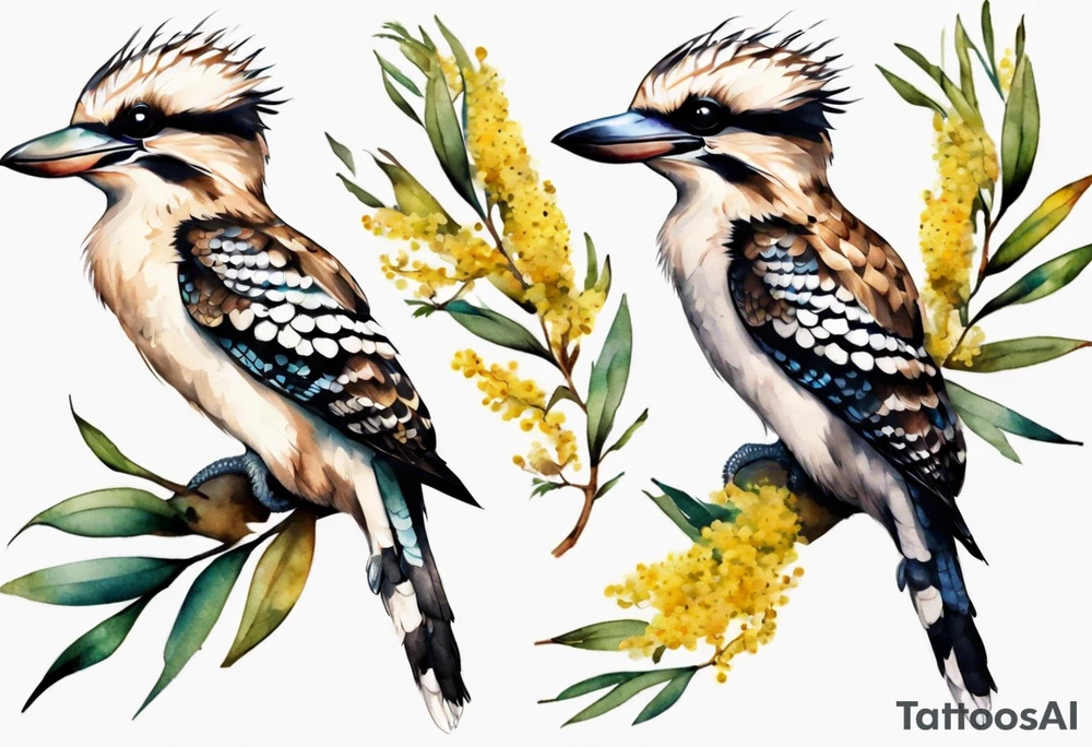 kookaburra sitting on wattle leaves tattoo idea