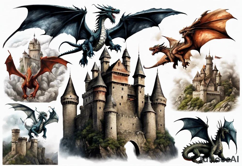 3 fierce dragons flying around the highest part of the castle, defending it from a village with angry people, angry villagers around the castle, realistic tattoo idea