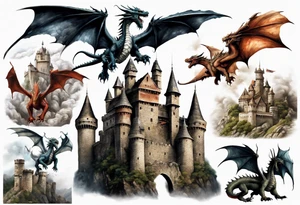 3 fierce dragons flying around the highest part of the castle, defending it from a village with angry people, angry villagers around the castle, realistic tattoo idea