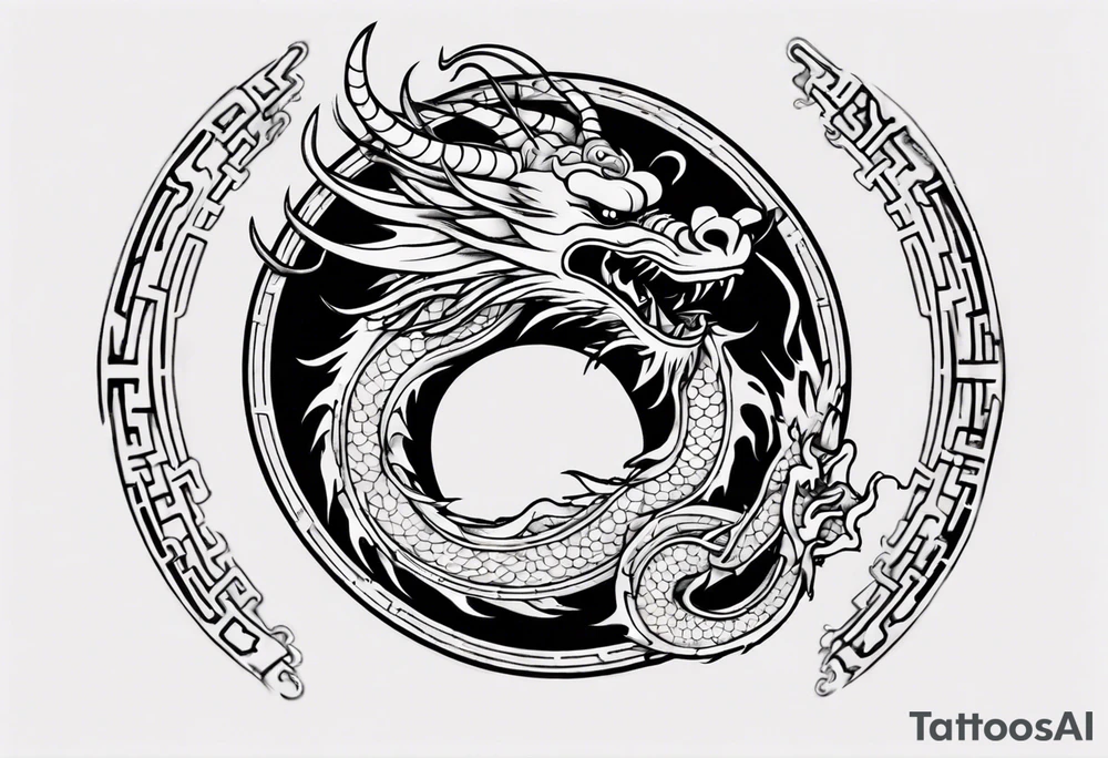 Chinese dragon in a circular shape with "02.03" written on its skin tattoo idea