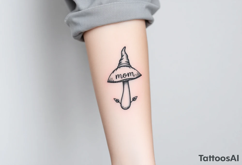 Mushroom with word mom on it with gnome on top tattoo idea
