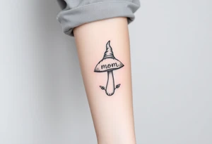 Mushroom with word mom on it with gnome on top tattoo idea