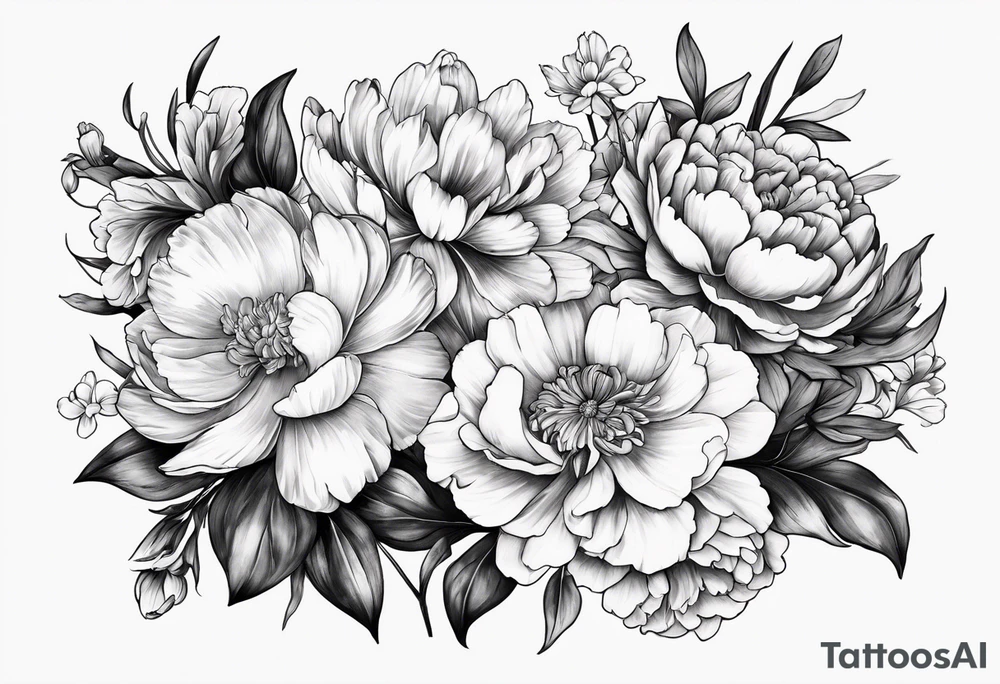 marigold, peony, and narcissus lined up side by side tattoo idea marigold, peony, and narcissus lined up side by side tattoo idea
