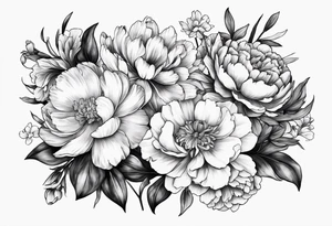 marigold, peony, and narcissus lined up side by side tattoo idea