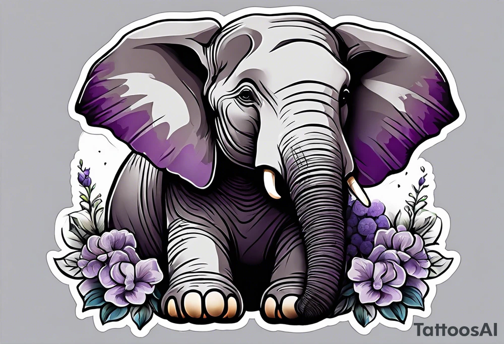 Seated elephant holding lilacs in trunk tattoo idea