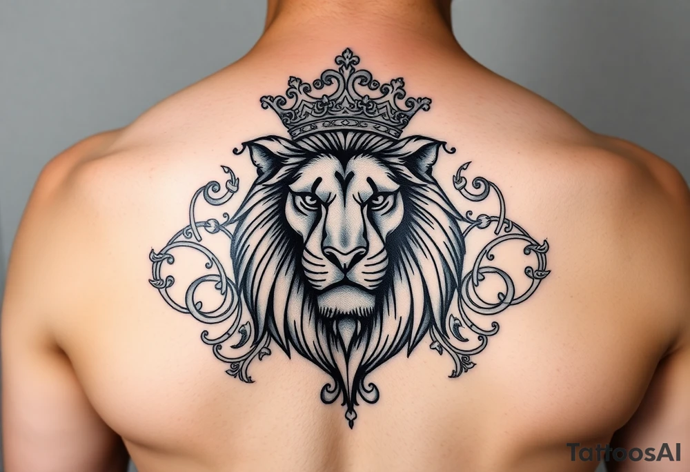 majestic lion wearing ornate crown, surrounded by baroque flourishes tattoo idea