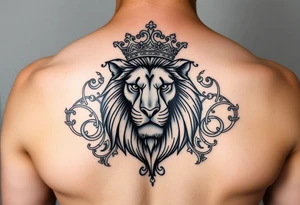 majestic lion wearing ornate crown, surrounded by baroque flourishes tattoo idea