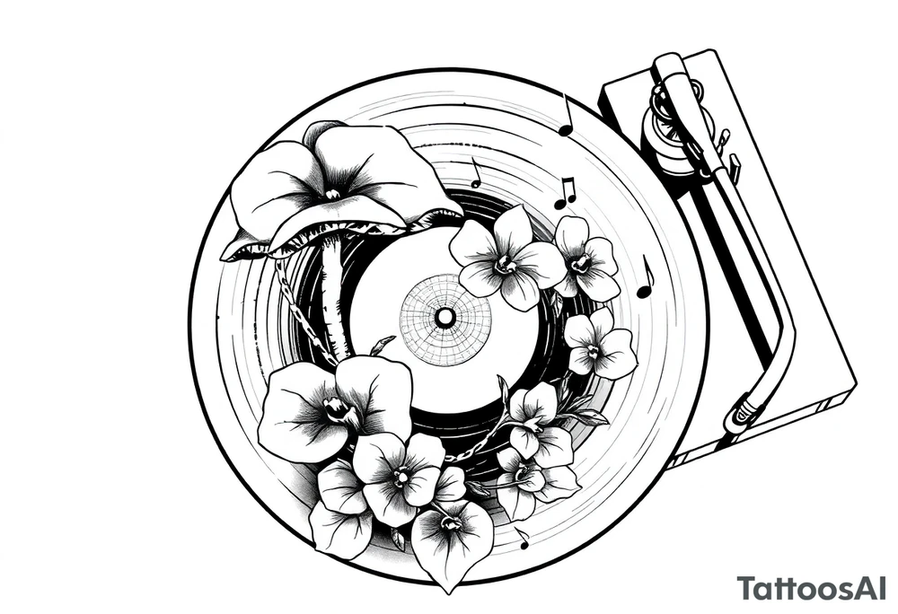 vinyl record player with mushrooms, orchids, and music notes around it tattoo idea