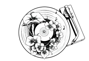 vinyl record player with mushrooms, orchids, and music notes around it tattoo idea