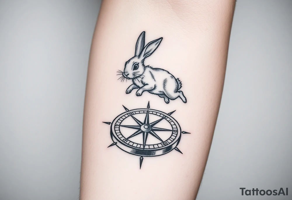 Rabbit jumping on top the compass that looks like a rabbit hole. tattoo idea