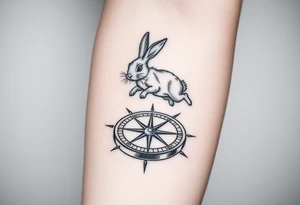 Rabbit jumping on top the compass that looks like a rabbit hole. tattoo idea