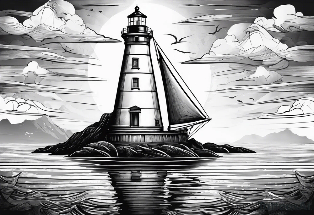 maritime lighthouse in a front view sailboat serving as a mast for a sail. tattoo idea