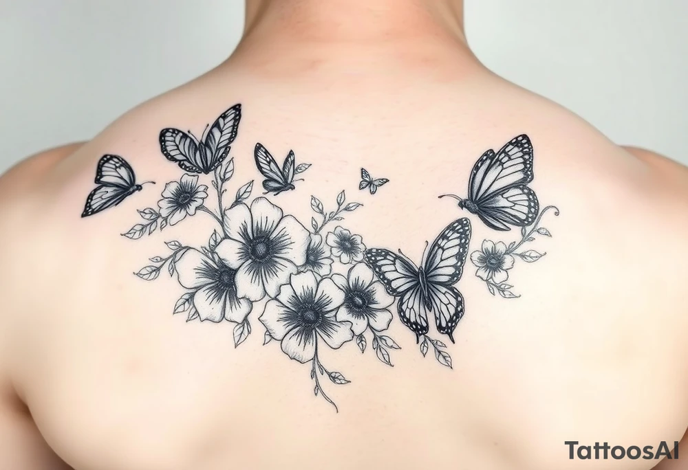 Flowers and birds and butterflies tattoo idea