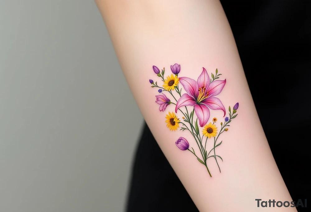 stargazer lillies in light pink with small yellow sunflowers and poppies and purple tulip buds in a dainty wildflower bouquet with stems tattoo idea