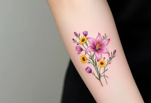 stargazer lillies in light pink with small yellow sunflowers and poppies and purple tulip buds in a dainty wildflower bouquet with stems tattoo idea