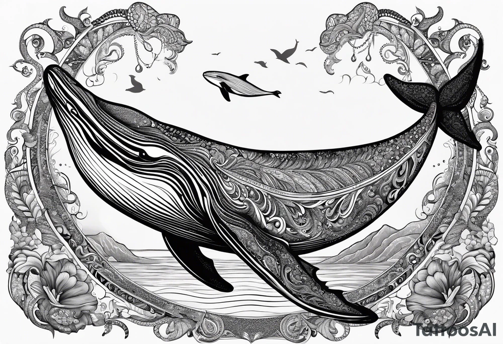 Back Breaching North Pacific humpback whale paisley tattoo idea