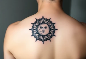 celestial sun and moon embrace with constellation patterns tattoo idea