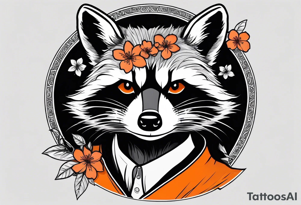 Raccoon wearing a white Superman logo on a black hoodie and orange Japanese cherry blossoms tattoo idea