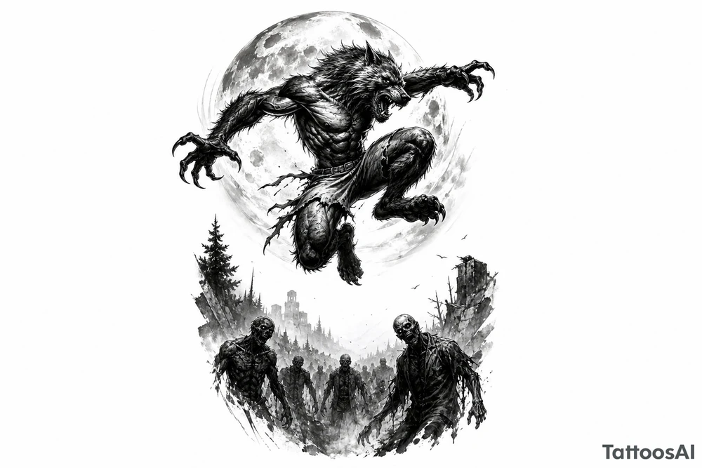 Dynamic silhouette of a werewolf jumping, with a distant zombie horde below. tattoo idea