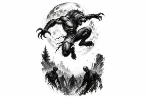 Dynamic silhouette of a werewolf jumping, with a distant zombie horde below. tattoo idea