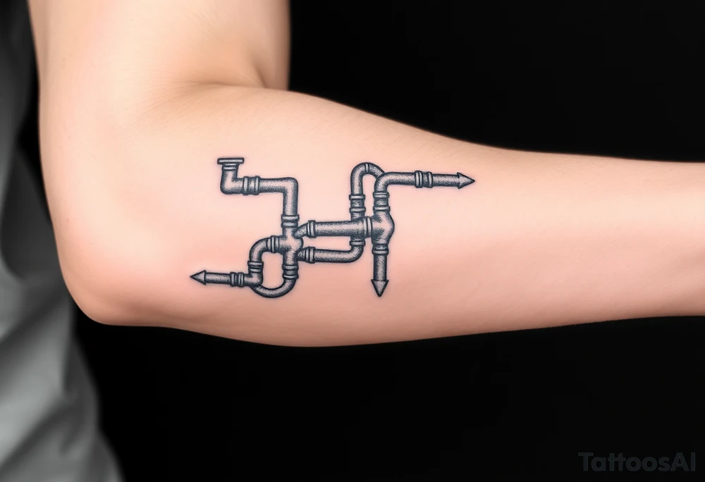 long System of pipes that transitions and transforms into veins of forearm. Top pipe starts closer to the elbow tattoo idea