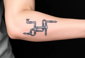long System of pipes that transitions and transforms into veins of forearm. Top pipe starts closer to the elbow tattoo idea