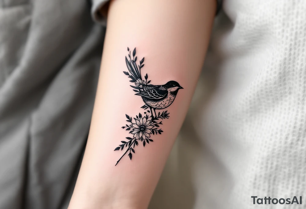 Bird with wildflowers coming out of tail tattoo idea