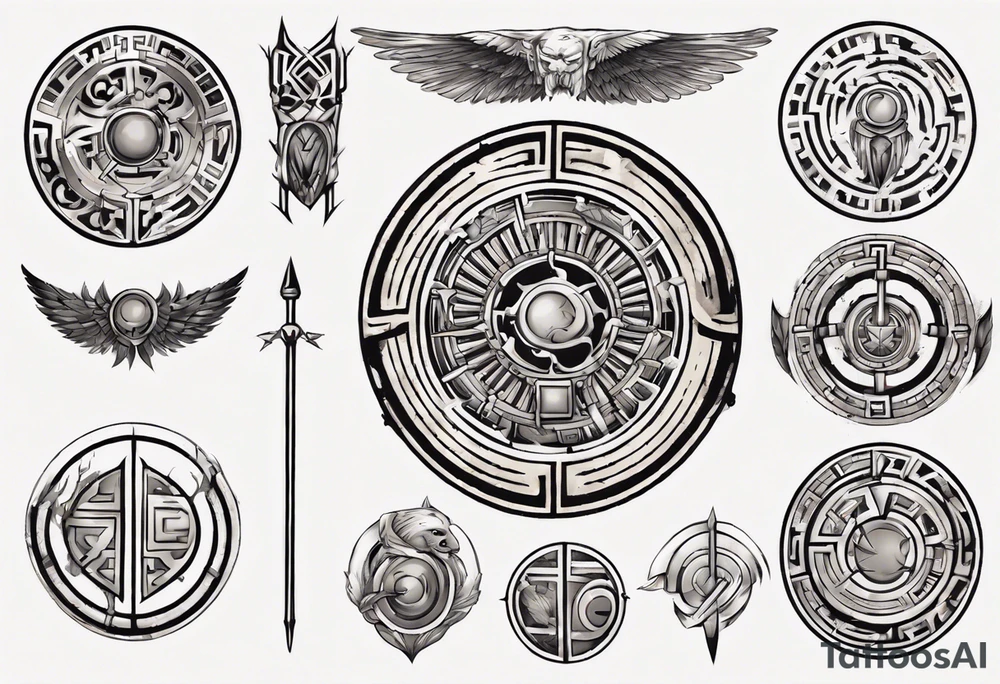 rectangle-long tattoo within a half-circle configuration with a shield and spear with ancient Greek art intertwined tattoo idea